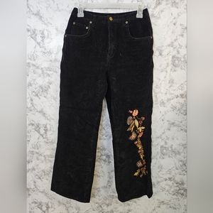 Denim & Co. Women's Black Corduroy Pants With Floral Embroyed Size 8